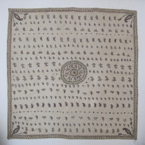 Persian Zoroastrian Embroidery - Zoraoastrian textiles are indeed rare. This striking embroidery was produced in Isfahan around 1870 and is replete with Zoroastrian symbolism. Worked on a cotton background in wool, the central roundel is surrounded by rows of charming repeating motifs, including botehs, miniature lanterns and even chickens! Note the large scale botehs in the corners of the field which frame the composition. Note also that the design is mirrored on the top and bottom half suggesting that it was probably made to be used on a  table or dais. The subtle colours are easy on the eye, including the liberal use of a fuchsine dye which suggests a date of around 1870. Generally good condition, the original embroidery is almost completely intact. A very collectible item that would also work in contemporary decorative settings. Image of Persian Zoroastrian Embroidery