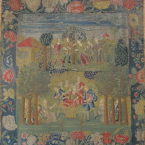 Early Italian Embroidery - This is a delightful Italian embroidery dating to around 1700, if not a little earlier. Worked primarily in wool using the familiar Italian long stitch. Some of the details, such as faces and hands have been embroidered finely in silk. The subject is quite charming, two groups partying in the countryside. The colours and drawing are quite wonderful with some lovely details. Note also the floral border. Now mounted and framed, the entire piece measures 78cm x 74cm. In generally good condition with some minor restoration. This is a very decorative example of Italian textile art which could work in either period or contemporary settings. Image of Early Italian Embroidery