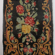 Scandinavian Rya - 'Rya' is the term for a traditional Scandinavian wool rug with a long shaggy pile and a loose weave. Ryas have been woven for centuries and were often used as bedcovers in the cold climate. They usually have very high wool quality, with heavy pile. The designs are often highly original derived from Scandinavian folk art. This charming piece is quite typical. Dating to the early 20th century, it has the typical technical characteristics with fine quality wool and a high pile. The design is quite interesting. The central floral bouquet seems to be emerging out of a vase at the base of the field which also forms part of a stylised neo-classical leaf border. The black background is striking and gives the painterly composition a three-dimensional effect. Interestingly this piece is reminiscent of designs seen of contemporaneous kilims from Moldova in the Balkans and from Karabagh district of modern Azerbaijan. Could there be a common ancestry to the design? Highly decorative and in very good condition, this rug would transform many spaces. Image of Scandinavian Rya